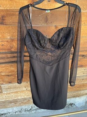 Black Lace-Detail Mini Dress with Sheer Long Sleeves